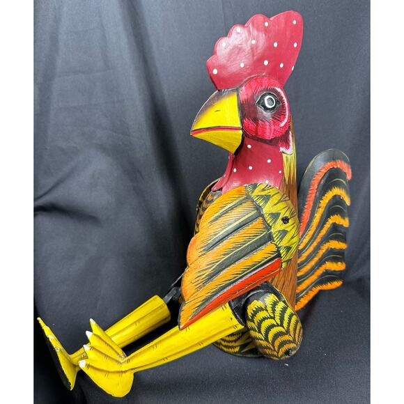 Carved Wood Folk Art Rustic Red & Yellow Painted Jointed Shelf Sitter Rooster - Picture 9 of 10